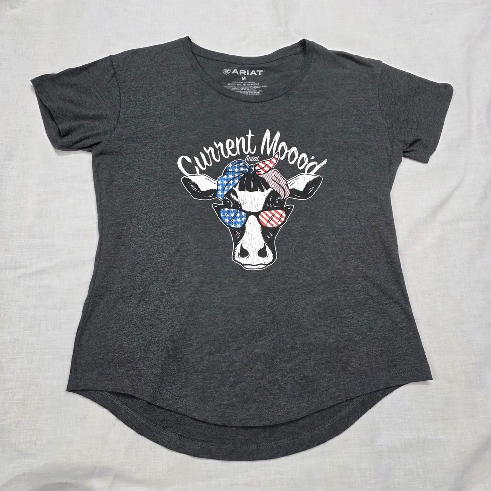 Ariat Shirt Womens Medium Gray Current Mooood Cow USA Graphic Tee‎ Patriotic
